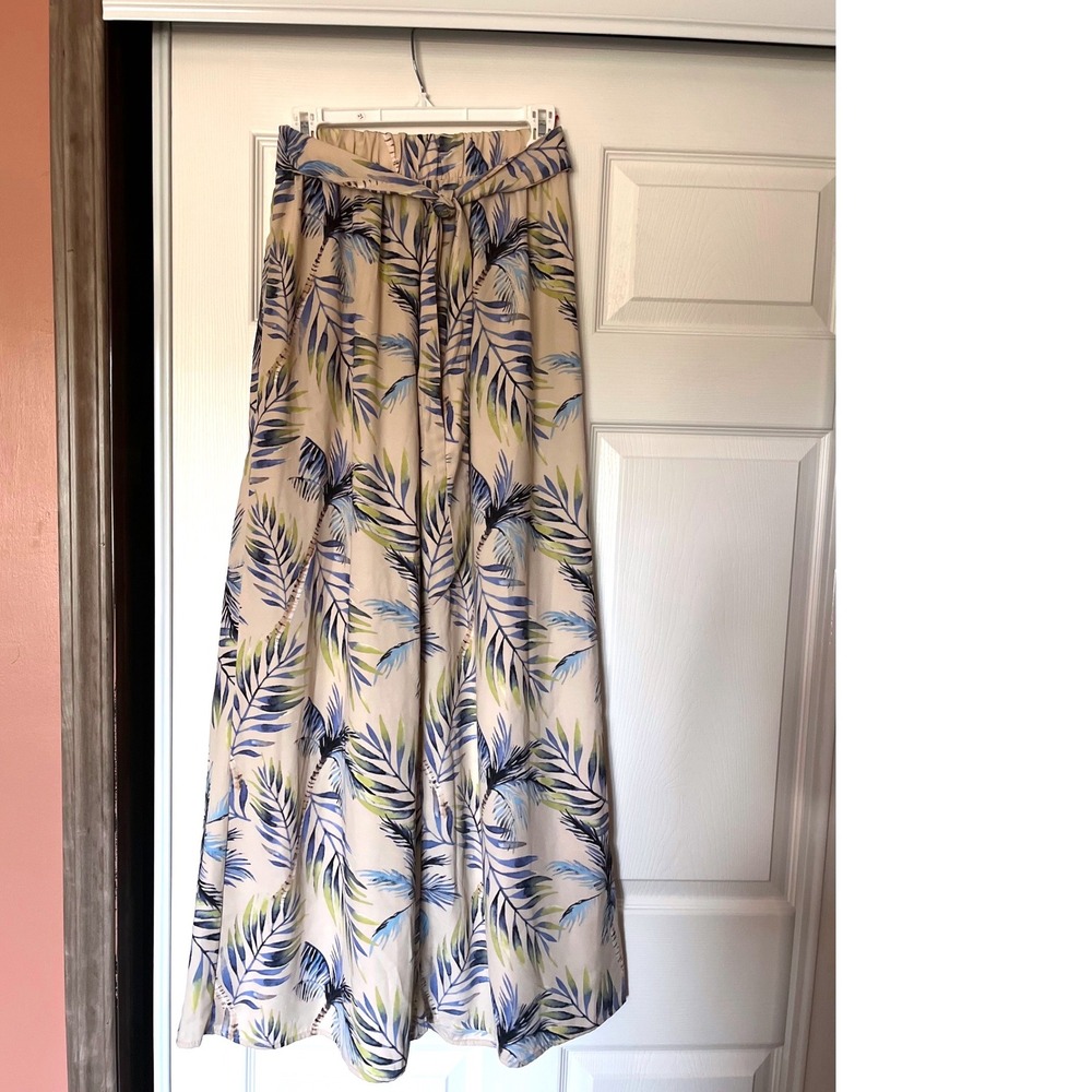 Tyche USA Womens Small Tropical Palm Leaf Wide Leg Pants Beige Blue
